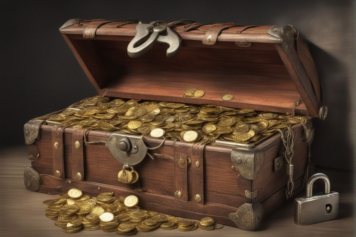 a pirate chest of gold coins secured with a lock and key. photograph. high detail. hdr.