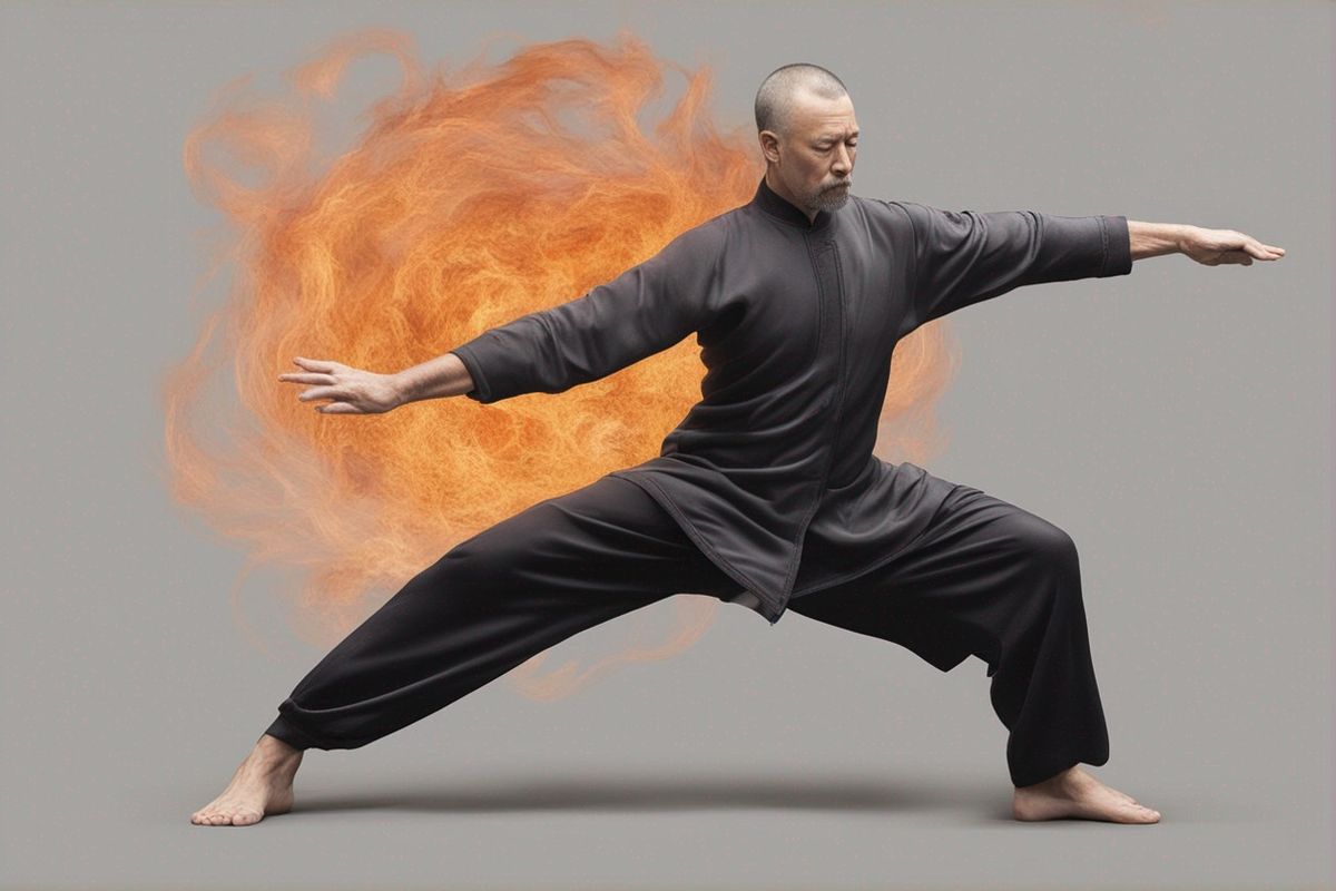 tai chi. power pose. dramatic, fire. head down, fist on the floor, legs bent. high detail