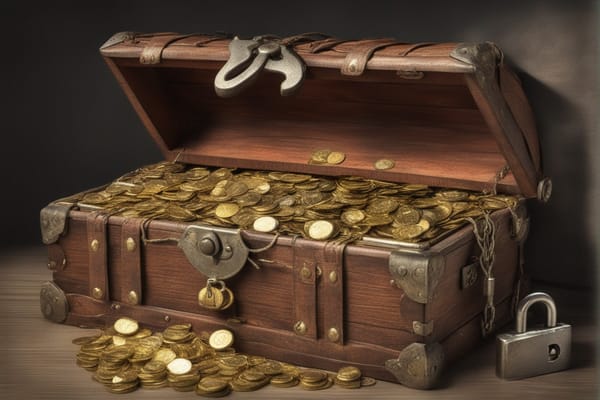 a pirate chest of gold coins secured with a lock and key. photograph. high detail. hdr.